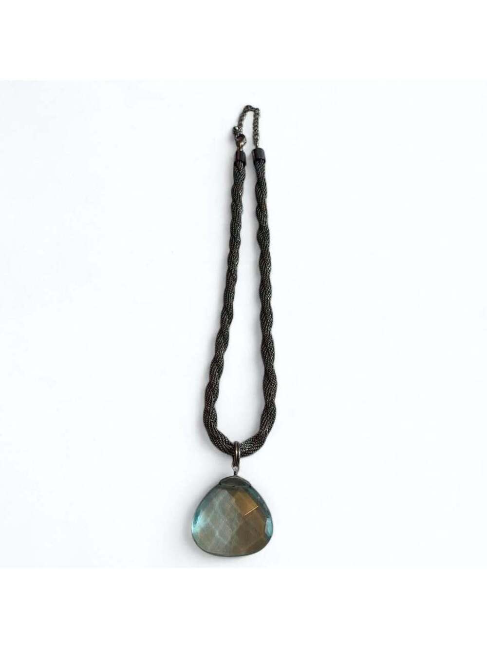 Gunmetal Twisted Mesh Necklace with Faceted Teal Teardrop Pendant